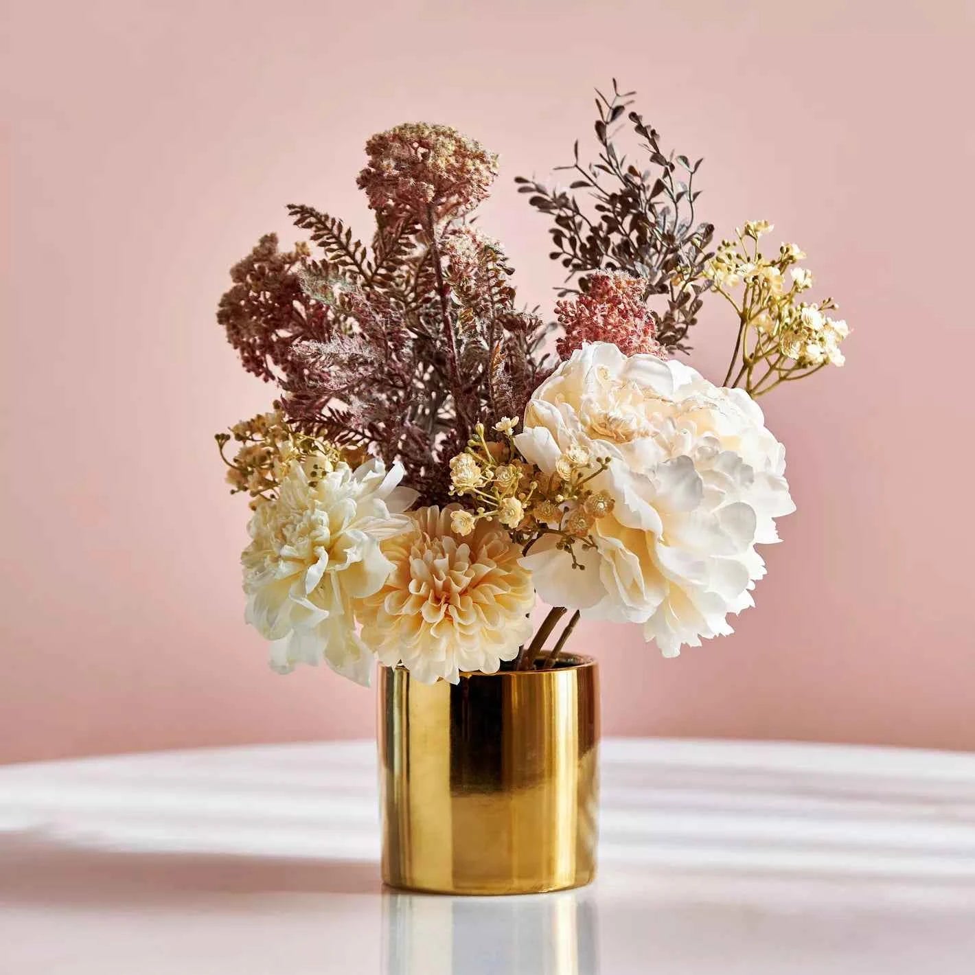 mixed flowers in a pot Mixed Floral Bouquet in Gold Ceramic Pot